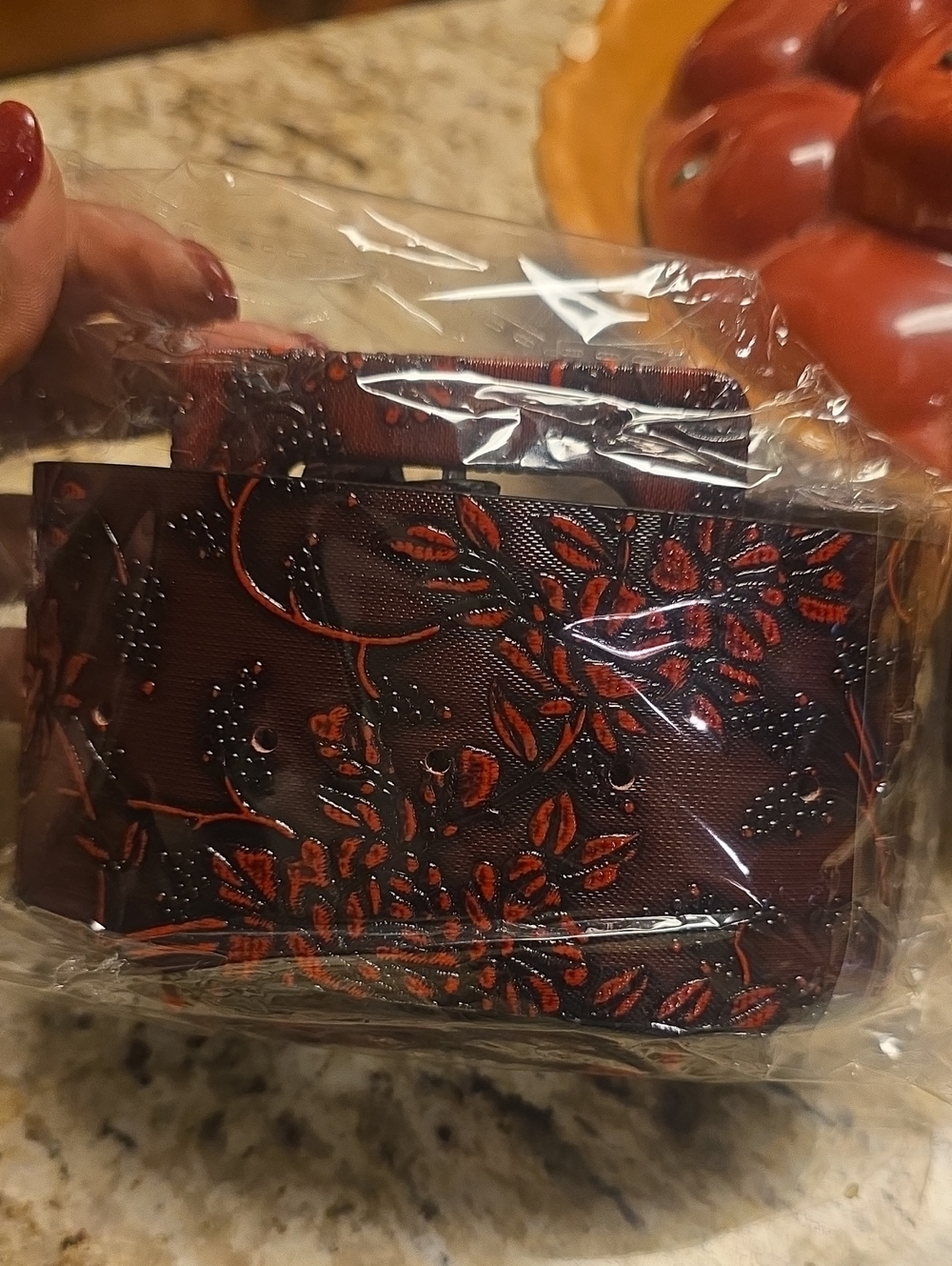 Women's Red/Dark Burgundy Floral Embossed Belt- Stylish Handheld Accessory
